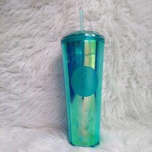 Starbucks 24 Oz Kaleidoscope Turquoise Teal Blue Acrylic Cold Cup Tumbler Straw